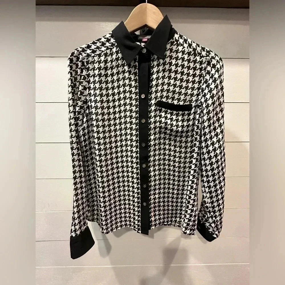 Vince Camuto Black/White Houndstooth Blouse Top Small Petite